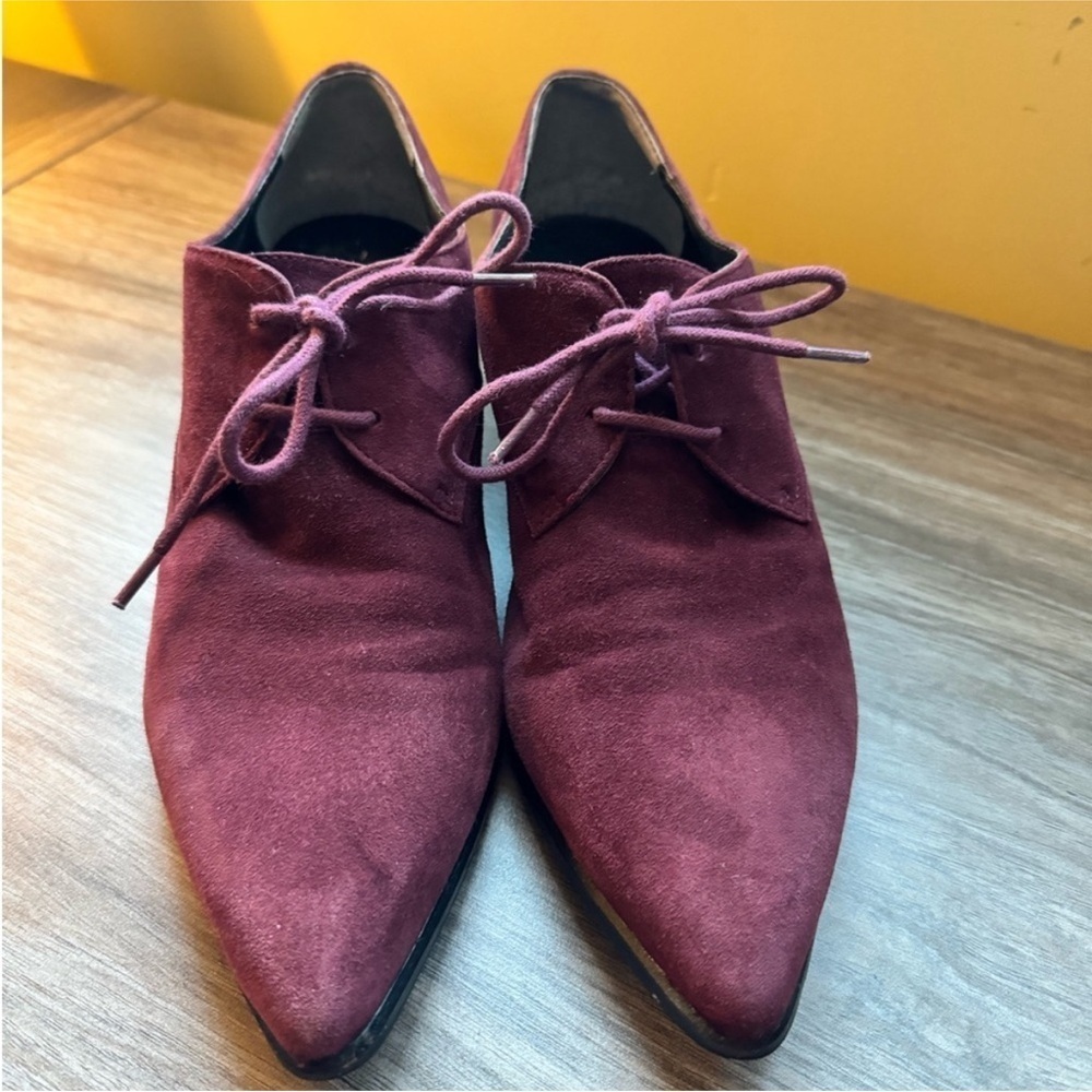 Marc Fisher Cherry Red Suede 1.5” heeled pointed toe lace up booties. Size 8